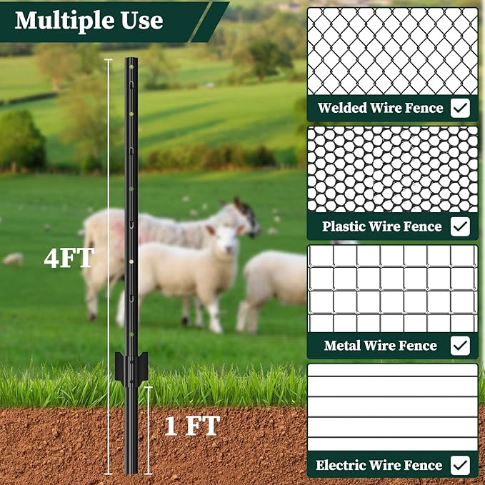 20 Pack Garden Fence Post, 4 Feet Heavy Duty Metal U-Post for Wire Fence, No Dig Garden Fence Stakes for Temporary Fencing, Electric Fence Wire, Corner Anchor, and More-Black
