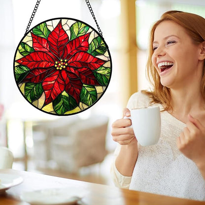 Stained Glass Window Hanging - Poinsettia Suncatcher for Door Garden Home Decor Birth Flower Sun Catcher Birthday Mother's Day for Lovers Friend Women Mom Nana 11.8 in