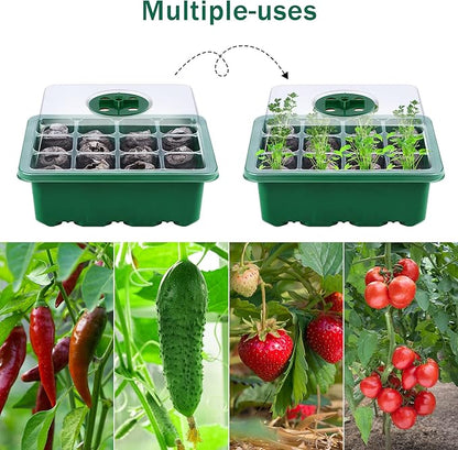 6 Pack Seed Starter Tray Kit with Grow Light and Humidity Dome Germination Trays, 72 Peat Pellets, Plant Labels, Gardening Tools, Green, Modern Style, 7.3 x 5.7 x 4.5 inches