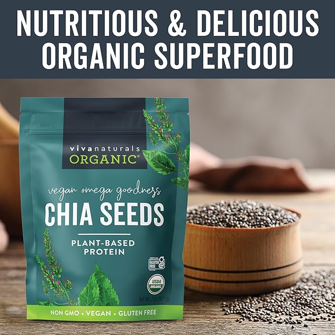 Viva Naturals Organic Chia Seeds, 2 lb (907 g) – Plant-Based Omega-3 and Vegan Protein, Gluten Free & Non-GMO, Perfect for Smoothies, Salads & Chia Pudding