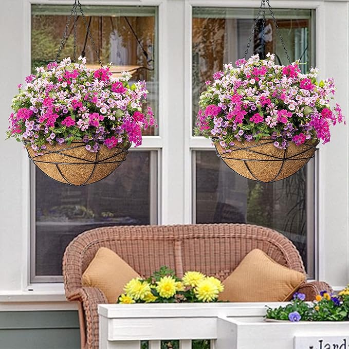 4 Pack 12 Inch Hanging Planters for Outdoor Plants Metal Watering Flower Baskets with Coco Liner for Hanging Pot Round Plant Holders Planter for Outside Garden Decoration