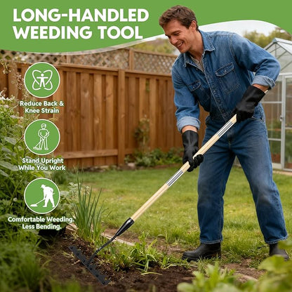 Weed Puller Tool with Long Handle - Made with Real Bamboo,8 Tines Steel Head with Weeding Rake，Gardening Hand Uprooting Weeding Tool for Removing Weeds, Loosening Soil, Cleaning Flower