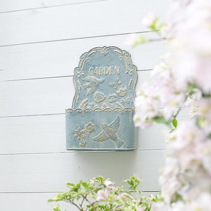 BIG FORTUNE Metal Wall Mount Planter Wall Vases for Flowers Shabby Chic Decor for Rustic Farmhouse Outdoor Decor (Blue)