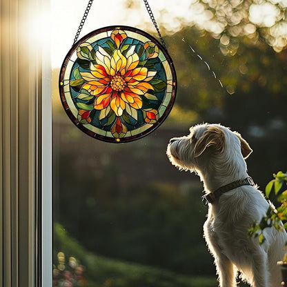 Stained Glass Window Hanging - Retro Yellow Flower Suncatcher for Door Garden Home Decor Dahlia Sun Catcher Christmas Birthday for Lovers Friend Women Mom Nana 9.8 in