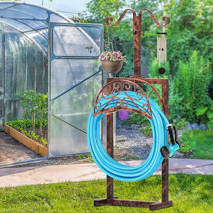 Garden Hose Holder Hanger Freestanding, Upgraded 4 Spikes Heavy Duty Storage Reel Stand with Shepherds Hooks, Holds 150ft Hose for Outside Garden Yard Lawn vegetable patch(Vintage Bronze)