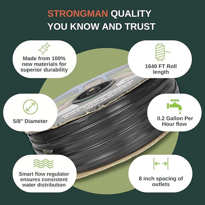 Strongman Premium Drip Irrigation | 1640 ft 5/8" Tape Roll | Smart Regulator | Garden Drip Watering System for Plants, Lawn, Greenhouse | 0.26 GPH | 0.4mm Thickness