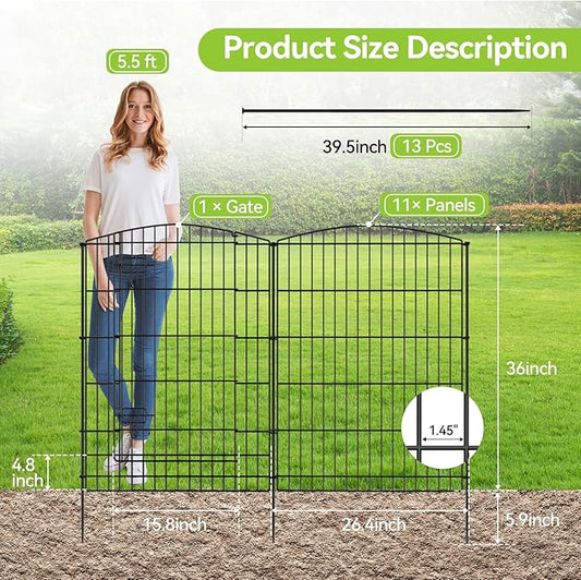 INJOPEXI Decorative Garden Fence 12 Panels 26ft (L)×36in (H) Garden Fences with 11 Panels + 1 Gate, No Dig Animal Barrier Rabbit Fencing Rustproof Metal Wire Temporary Dog Fence for Patio Outdoor Yard