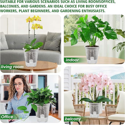 Cdd's Path Large Self Watering Pots Set with Holes for Indoor/Outdoor Plants,Planter Pot with Watering Hole/Reservior and Air Pipes (Clear, 8 inch-5 Pack)