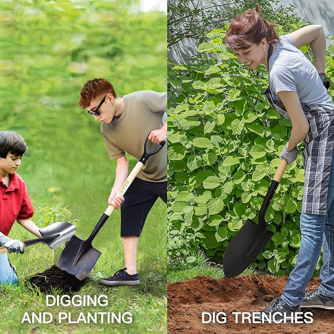 41 Inch Round Point Shovel for Digging,Heavy Duty Garden Shovel with D-Handle,Wooden Handle,Ideal for Gardening,Landscaping,Beach,and Snow Removal