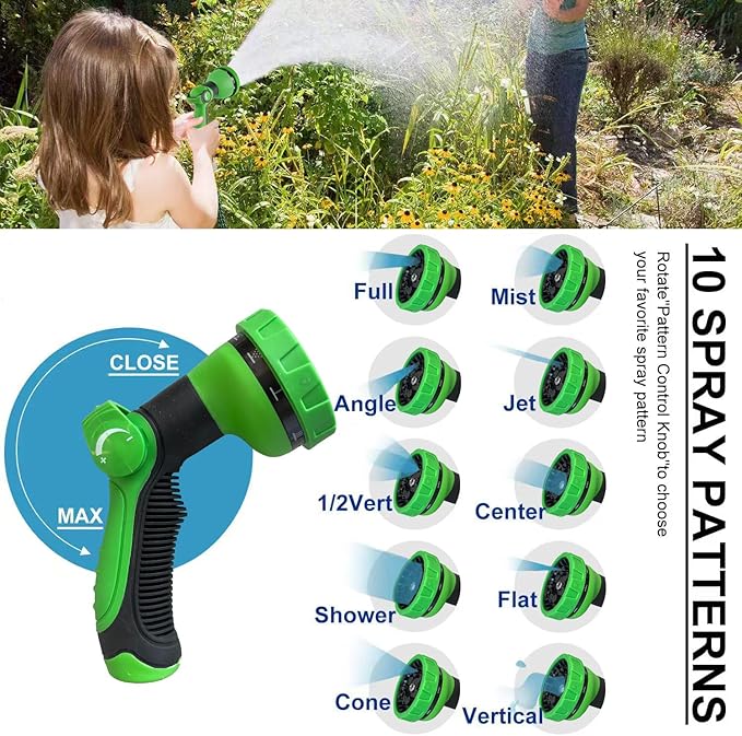 100Ft Non-Expandable Garden Hose, Flexible Water Hose with 10-Pattern Spray Nozzle, Lightweight Hose Pipe, Kink-Free, Leak-Proof, 3/4" Solid Metal Fittings (Green)