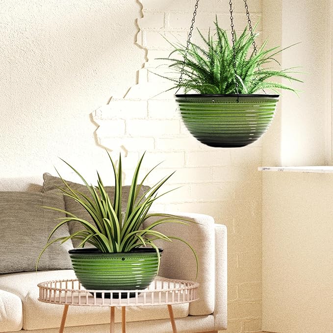 10 Inch Hanging Planter, 2 Pack Hanging Planters for Indoor Outdoor Plants Self Watering Hanging Pots with Drainage Holes for Garden Home (Green)