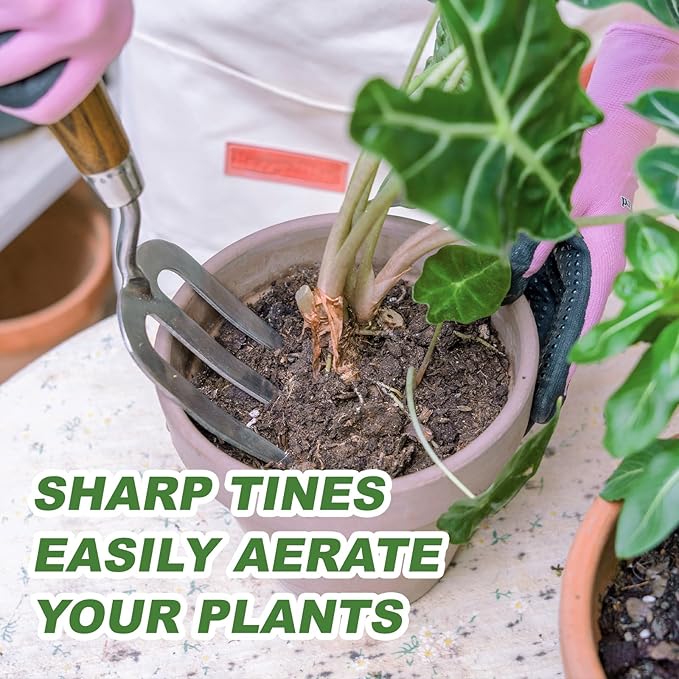 Garden Hand Fork, Hand Weeding Fork with Sharp Tine for Easy Uprooting Large Weeds, Stainless Steel Garden Fork, Comfortable Grip Wood Handle Hand Fork for Fast Weeding, Loosening Soil and Composting