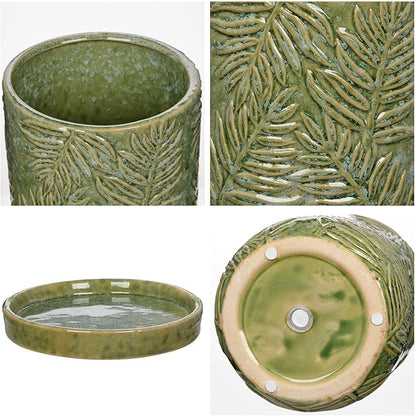 5.5 Inch Ceramic Planter Pots with Drainage Holes, Saucers for Indoor-Outdoor Plants, Succulent Orchid Flower Large Round Plant Pot Green