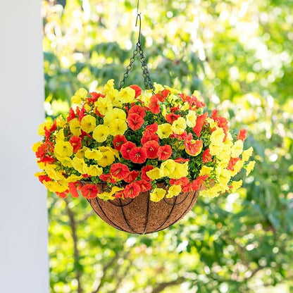 Artificial Fake Hanging Flowers Basket for Outdoors Spring Decoration, 12 Bundles Faux Silk Morning Glory Plants for Outdoor Planters Realistic UV Resistant Artificial Flowers for Outside Porch Garden