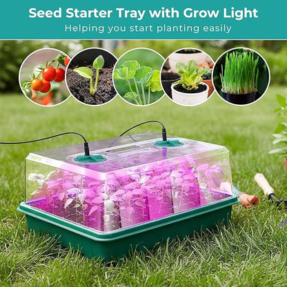 96 Cells Seed Starter Tray with Lights, 2 Packs Seed Starter Kit with Humidity Vented Domes and High Lid, Adjustable Brightness Germination Kit for Indoor Greenhouse Seed Starter