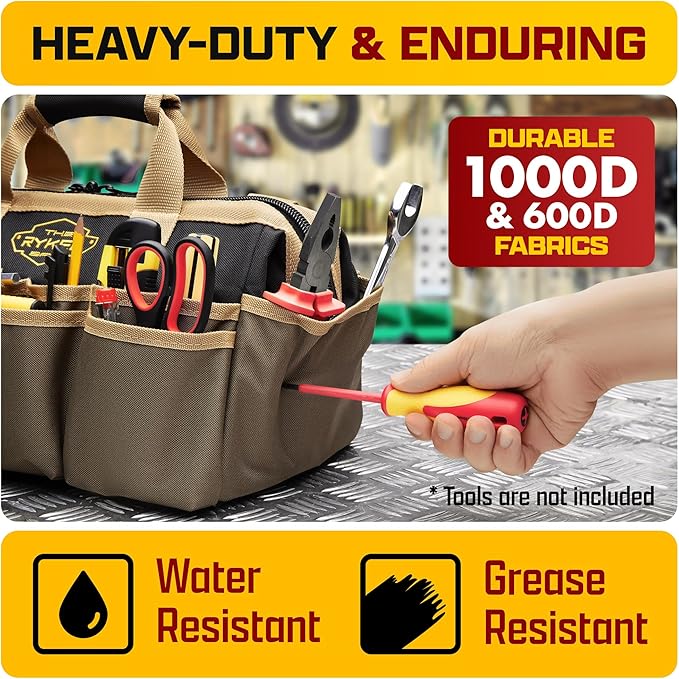 The Ryker Heavy Duty Tool Bags for Men/Women. 14 Inch Small Wide Mouth Mechanic/plumber/Contractor/Electrician Tool Bag Organizer 22Pockets Soft Portable Tools Bags Organizer Toolbag for plumbing