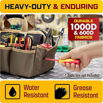 The Ryker Heavy Duty Tool Bags for Men/Women. 14 Inch Small Wide Mouth Mechanic/plumber/Contractor/Electrician Tool Bag Organizer 22Pockets Soft Portable Tools Bags Organizer Toolbag for plumbing