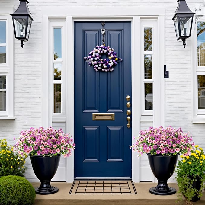 Artificial Silk Flowers Hanging Basket for Outdoor Indoor, Daisy with Eucalyptus Leaves Arrangement for Garden Yard Spring Decor, Faux Green Plant in Metal Coconut Lining Pot(Purple Pink)