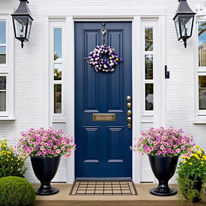 Artificial Silk Flowers Hanging Basket for Outdoor Indoor, Daisy with Eucalyptus Leaves Arrangement for Garden Yard Spring Decor, Faux Green Plant in Metal Coconut Lining Pot(Purple Pink)