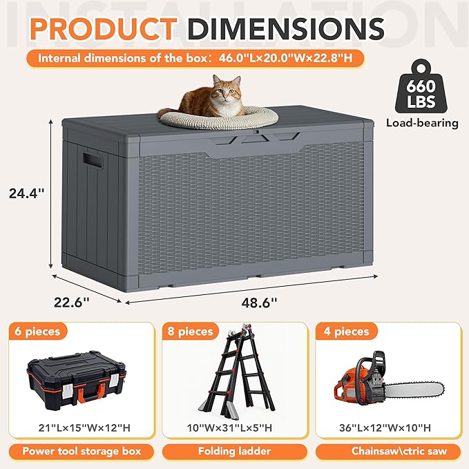 105 Gallon Deck Box Outdoor Indoor Waterproof Storage Box for Patio Furniture, Pool Accessories, Garden Tools, and Cushion Storage, Gray