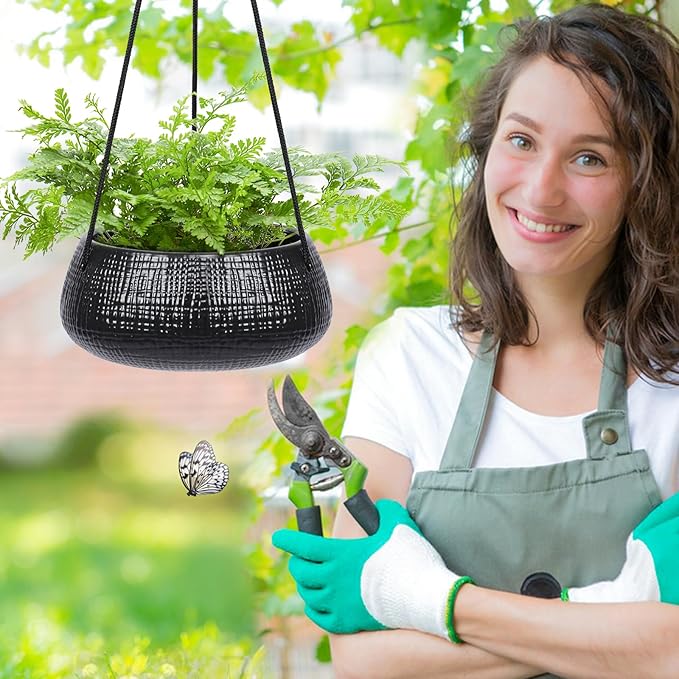 8 Inch Hanging Planters for Indoor Plants - Small Hanging Flower Pots with Drainage Holes Round Ceramics Hanging Plant Pots Black
