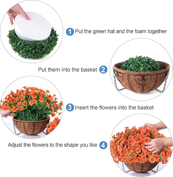 Artificial Faux Hanging Flowers Plants Basket for Outdoors, 12 Bundles UV Resistant Faux Outside Silk Morning Glory for Planter Realistic Artificial Flowers for Outdoor Porch Garden Patio, Orange