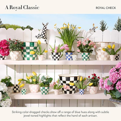 MACKENZIE-CHILDS Enamel Herb Pots, Small Plant Pots for Herbs or Flowers, Set of 3, Blue-and-White Royal Check