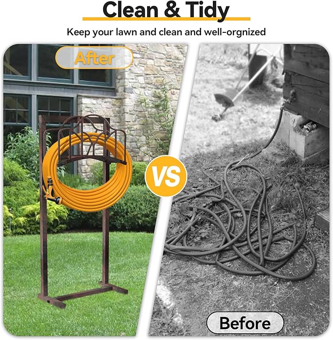Garden Hose Holder Hanger Freestanding, Upgraded 4-Spike Heavy Duty Storage Reel Stand, Holds 150ft Hose for Outside Yard Lawn (Rustic Line, Metal)
