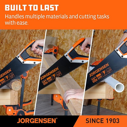 JORGENSEN 15” Hand Saw, Black Coated Coarse Handsaw 8TPI for Wood Cutting, Ergonomic Non-Slip Aluminum Handle for Sawing, Trimming, Gardening, Pruning, PVC