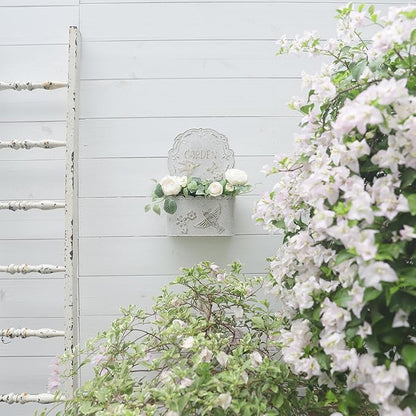 BIG FORTUNE Metal Wall Mount Planter Wall Vases for Flowers Shabby Chic Decor for Rustic Farmhouse Outdoor Decor (White)