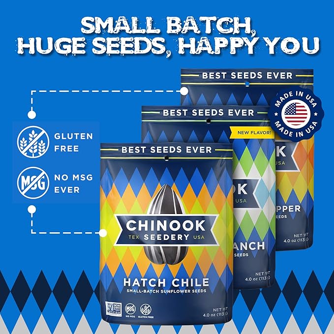 Chinook Seedery Roasted Sunflower Seeds - Jumbo Seeds Keto Snacks - Best For Snack Packs - Gluten Free, Non GMO Snack Food Gifts - 4 Ounce (Pack of 3) - Bring the Heat Variety Pack