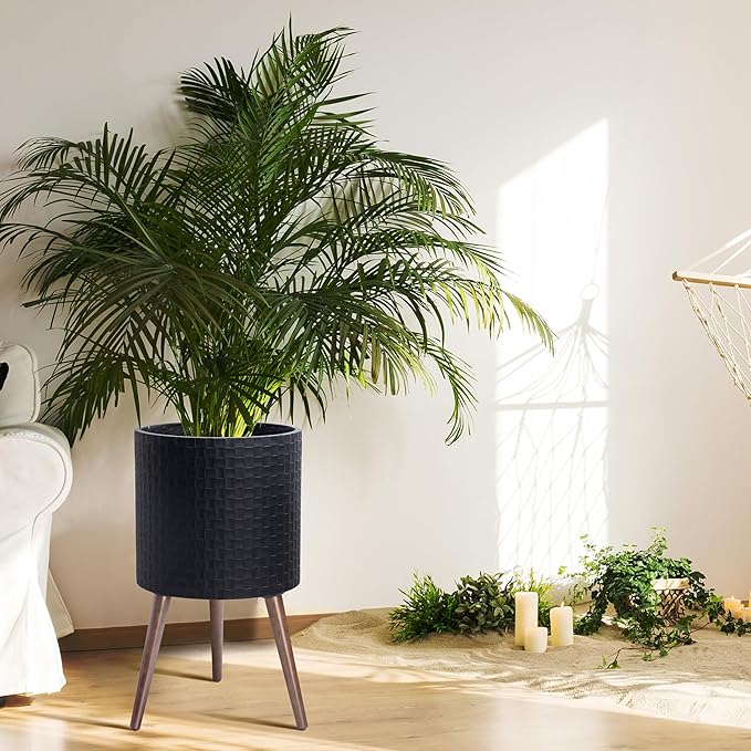 D'vine Dev 14 Inch Modern Geometric Tile Patterned Sleek Planter Pot with Stand, Indoor Outdoor Decorative Plant Holder, Matte Black, 88-Z-D-2