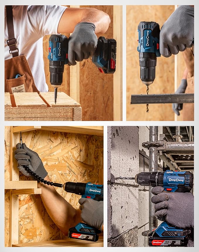 Dong Cheng 20V Brushless Heavy-duty Impact Drill, 443 in-lbs, 27000 IPM, 1/2" Keyless Metal Chuck, 20+1+1 Clutch, Cordless Hammer Drill with 2 Battery Kit for Drilling Brick Wall, Metal, Wood