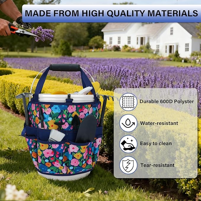 KUNN 18-Pocket Bucket Tool Organizer | Heavy-Duty 5 Gallon Bucket Caddy with Hangable Handle | Gardening Tool Bag & Garden Caddy Accessory for Gardeners, Blue