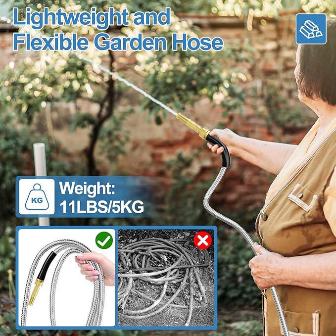 SPECILITE 75 FT Garden Hose, 304 Stainless Steel Metal Heavy Duty Flexible Water Pipe, Kink Free, Durable, Lightweight for Yard, Outdoor with Rubber Grip