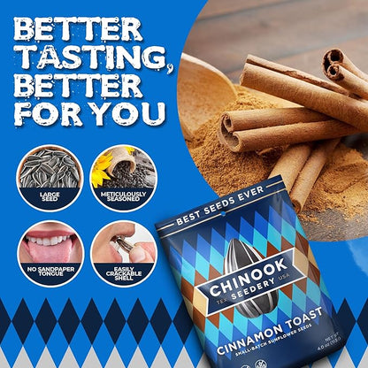 Chinook Seedery Roasted Jumbo Sunflower Seeds - Keto Snacks - Best For Snack Packs - Gluten Free, Non GMO Snack Food Gifts - 4 ounce (Pack of 3) - Cinnamon Toast Flavor
