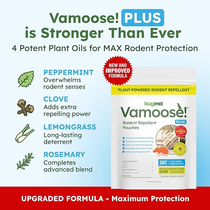 BugMD Vamoose! Plus Peppermint Oil Mouse Repellent Pouches | Natural Mice Repellent Indoor & Rat Deterrent for House, Garage, RV, Car & Storage | Plant-Powered Rodent Control - 2 Pack - 8 Pouches