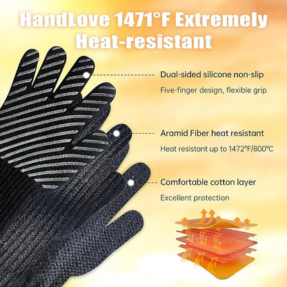 HandLove BBQ Gloves, Oven Gloves with Fingers –1472℉ Heat Resistant Gloves for Grilling | Aramid Retardant Non-Slip Grip, Long Cuff Mitts, Black,M