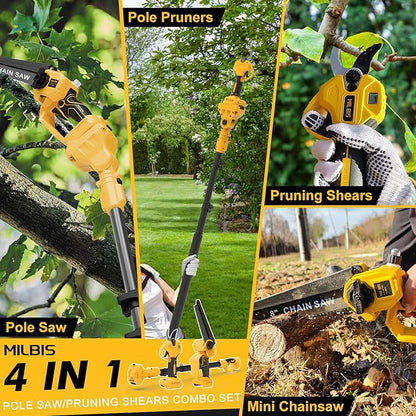 4-in-1 Cordless Pole Saw & Electric Pruning Shears for DeWalt 20V Battery, 8 Inch Brushless Mini Chainsaw with Extension Pole, 15 Ft Reach, Auto Oiling, for Tree Trimmer Branch Cutter(NO Battery)