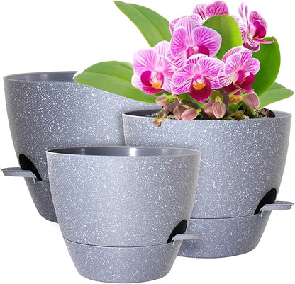 Big Self Watering Pots 12/10/9 inch, Planter, Plant Pots with Mesh Drainage Holes for Indoor Outdoor Garden Plants, Plastic Flower Pots with Removable Deep Reservoir, Speckled Grey