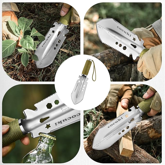 Camping Shovel Survival Kit, 2.0 Version One-Click Conversion Military Grade Multifunctional Folding Tactical Shovel with Titanium Backpacing Trowel for Camping, Emergency, Gardening, Hiking