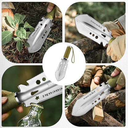 Camping Shovel Survival Kit, 2.0 Version One-Click Conversion Military Grade Multifunctional Folding Tactical Shovel with Titanium Backpacing Trowel for Camping, Emergency, Gardening, Hiking