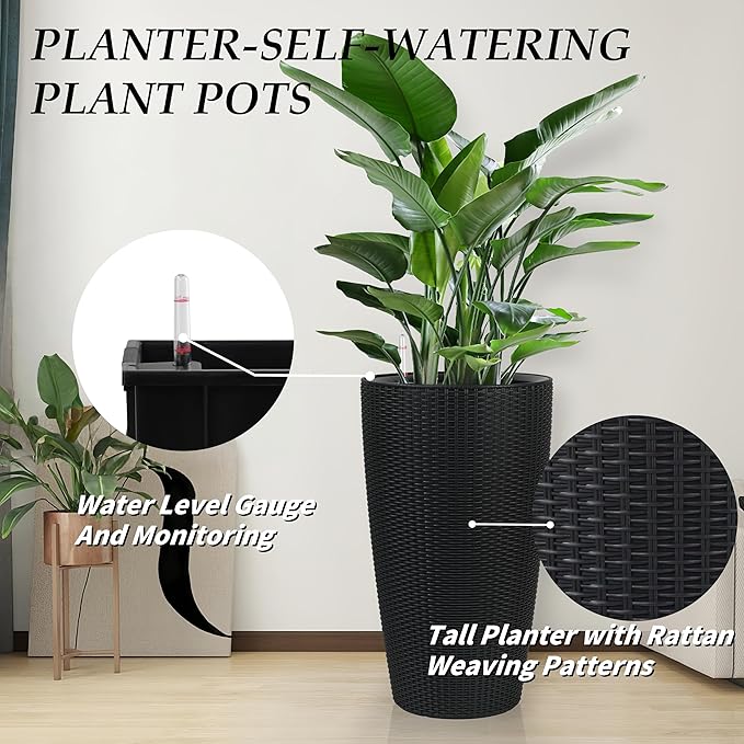 22" Tall Planter Set of 2, Large Self Watering Pots for Indoor/Outdoor Plants with Drain Holes, Water Level Monitor, Inner Bucket for Front Porch Patio, Black Rattan Conical