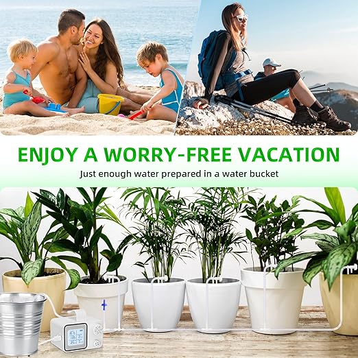 Automatic Plant Watering Devices with Programmable Water Timer and LED Display,Automatic Drip Irrigation Kit System for 15 Potted Plants Outdoor Indoor Garden Balcony Vacation