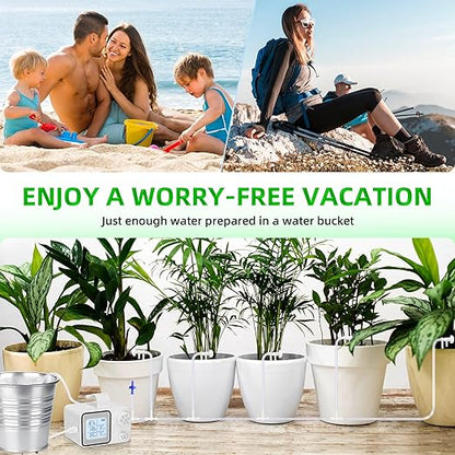 Automatic Plant Watering Devices with Programmable Water Timer and LED Display,Automatic Drip Irrigation Kit System for 15 Potted Plants Outdoor Indoor Garden Balcony Vacation