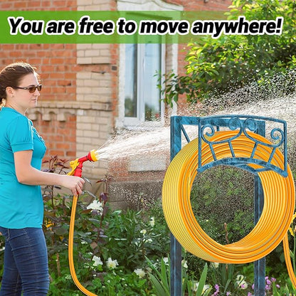 Garden Hose Holder, Heavy Duty Metal Water Hose Holders Hose Stand with 5 Spikes, Freestanding Hose Storage Rack Hose Hanger Holds 150ft Hose for Outside Yard Lawn Garden Decor (Retro Blue)