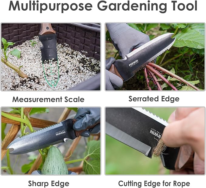 Hori Hori Garden Knife, Garden Tools with Sheath for Weeding, Planting, Digging, 7" Stainless Steel Blade with Cutting Edge, Full-Tang Walnut Wood Handle with Hanging Hole