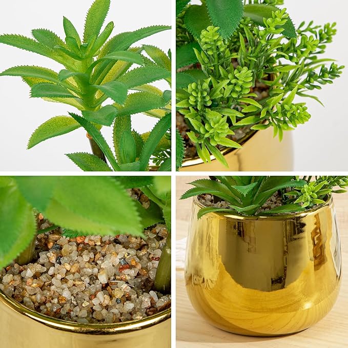 Briful Artificial Succulents Plants in Ceramic Pot, Faux Succulent with Gold Planters – Modern Desk Decor for Home Office Shelf Bathroom, Small Fake Plants Potted