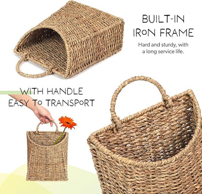 Woven Hanging Seagrass Baskets, Hanging Wall Wicker Basket, Handmade Organizer Baskets, Hanging Flower Basket for Shelves, Walls, Doors, Balconies, Front of House, Garden,...(Seagrass)