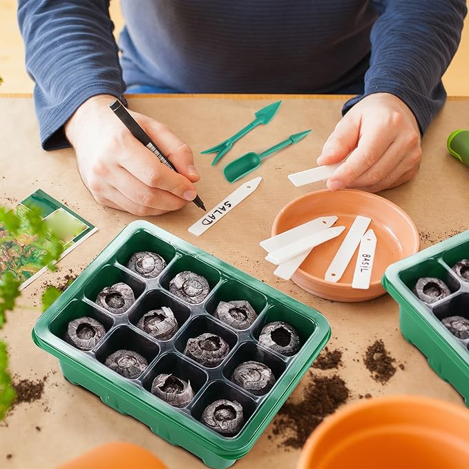 6 Pack Seed Starter Tray Kit with Grow Light and Humidity Dome Germination Trays, 72 Peat Pellets, Plant Labels, Gardening Tools, Green, Modern Style, 7.3 x 5.7 x 4.5 inches